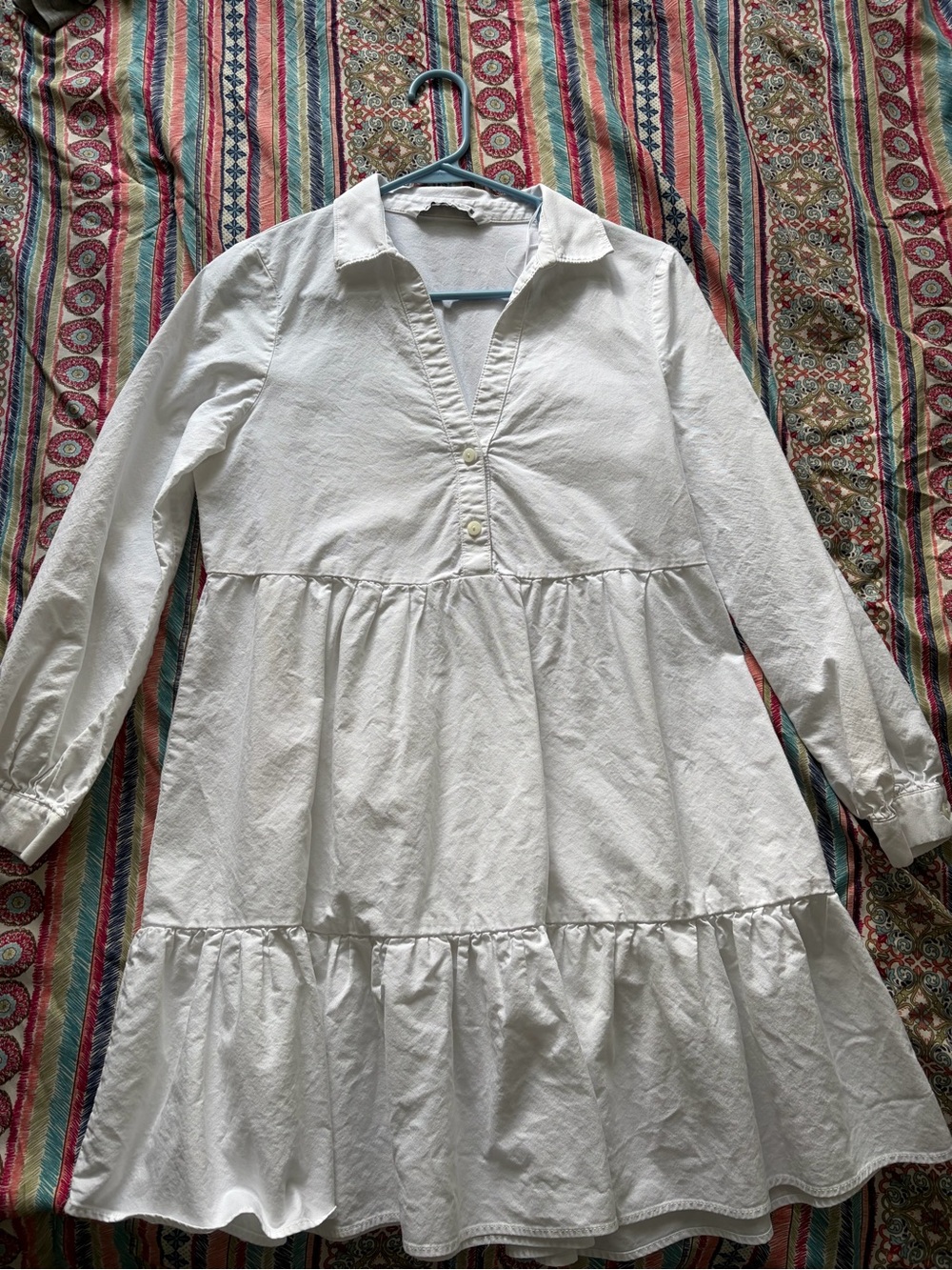 Zara White Tiered Long-Sleeve Shirt Dress